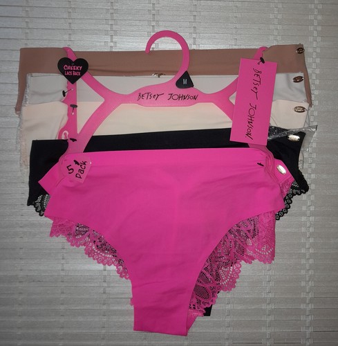NWT (MSRP $52) Betsey Johnson 5-Pack Cheeky Lace Back Thongs Women's size M - Picture 1 of 11