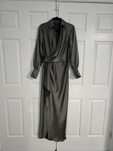 XSCAPE Satin Shirtdress Longsleeve Gown Long Dress Dark Olive Green Size 6 - Picture 13 of 17