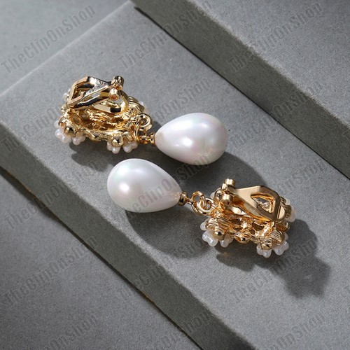 CLIP ON 3.5cm RETRO FLOWER big faux pearl drop EARRINGS gold tone VTG STYLE - Picture 2 of 23