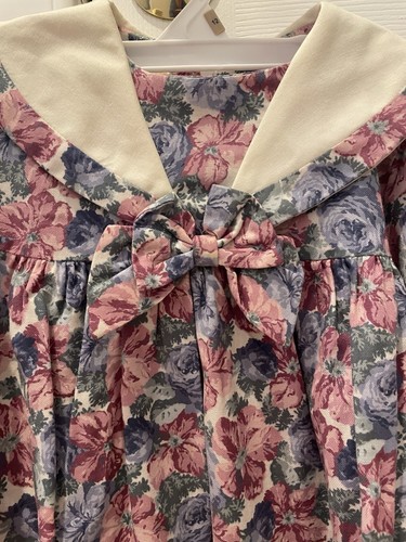Vintage Laura Ashley Mother And Child 7-8 Girls Floral Prairie Dress Sailor LS - Picture 2 of 6