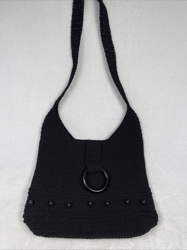 Black Macrame Crochet Lined Shoulder Bag Purse Beaded Boho Cottagecore 10.5"x9"