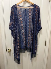 Blue Floral Duster fringe kimono Boho Whimsigoth Fairy Grunge Beach Plus 1X
