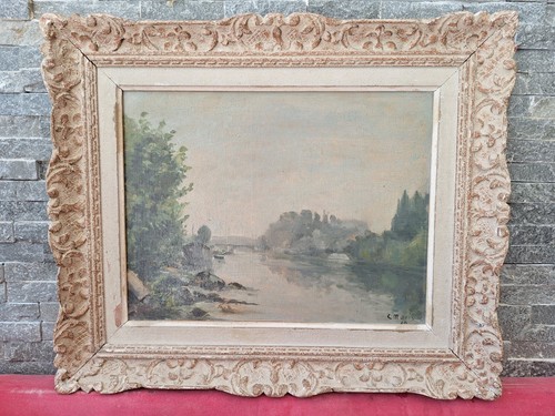 Peinture ancienne huile paysage post impressionniste . Tableau encadré Signé - Photo 2 sur 7