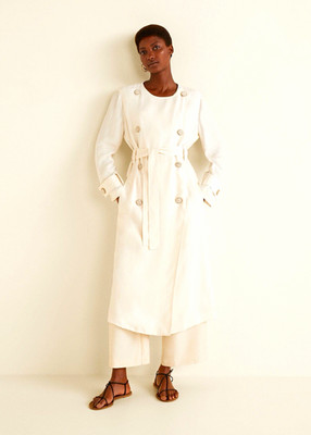MANGO Ivory Long Trench Coat XXS Belted Button-Front Regular Fit