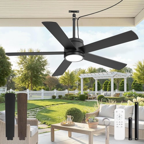 52" Outdoor Ceiling Fan Waterproof IP65 Remote 6-Speed 3CCT Plug-In Black OB
