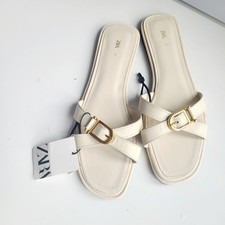 Zara Womens Sz 10 Flat Sandals Abierto Leather Ivory Cream NEW Strappy GOLD