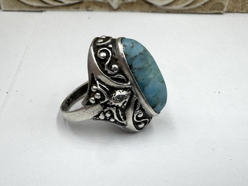 Antique Filigree 950 Sterling Silver Oval AZ Turquoise Stone Sz 7.75 - Picture 6 of 8