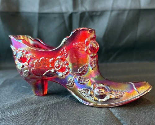Vintage Fenton Ruby Red Carnival Glass Boot Shoe With Rose Pattern