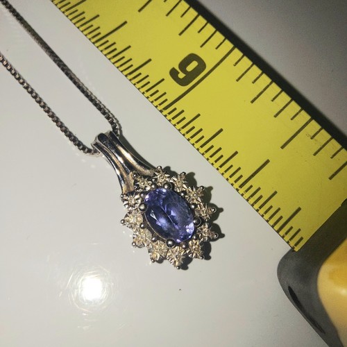 *GENUINE TANZANITE* Pendant 10k White Gold Cz Halo Silvertone Chain Vivid Blue - Picture 14 of 18