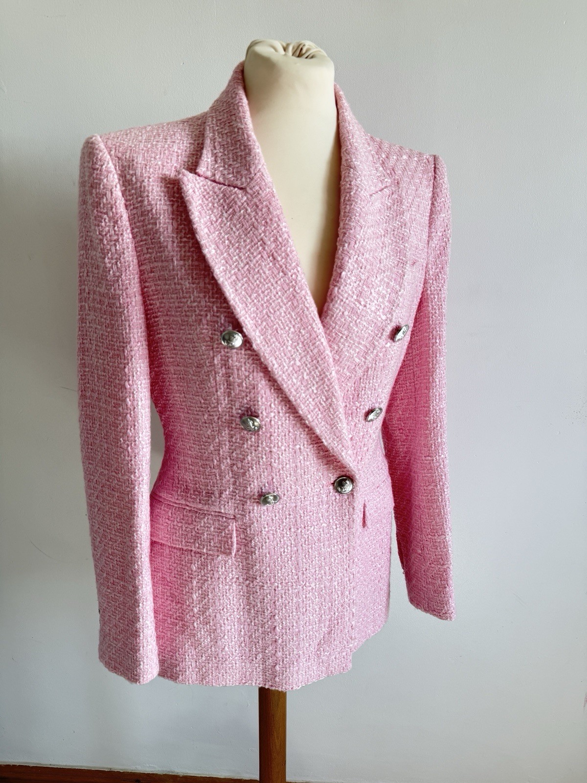 Zara Double Breasted Textured Pink Blazer Size S Tweed Jacket Silver Button