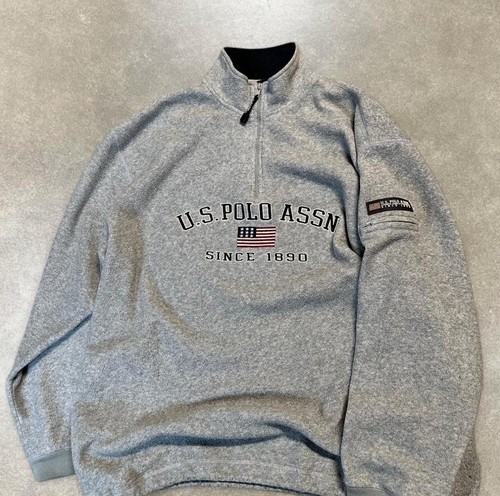 Y2k grau U.S Polo Assn Spell Out Fleece Quarter Zip Pullover Sweater Herren XL - Bild 2 von 6