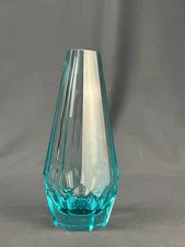 Josef Hoffmann Moser  Art Deco Blue Octagonal Faceted Glass 8" Blue Bud  Vase