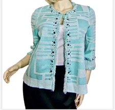 $285 Ming Wang Jacket Size XL Aqua Geo Knit Sparkling Onyx Studs 3/4 Sleeves