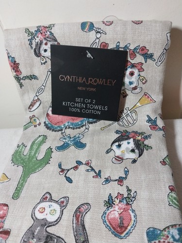 CYNTHIA ROWLEY Kitchen Towels (2) DAY OF DEAD CAT SKULLS 100% COTTON 18 X 28 NWT - Picture 3 of 8