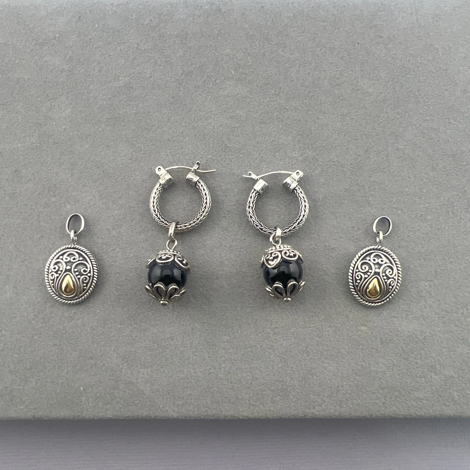 Juego de pendientes de aro Suarti Bali oro de 18 quilates plata 925 colgante cable de ónix BA Foto 3 de 4