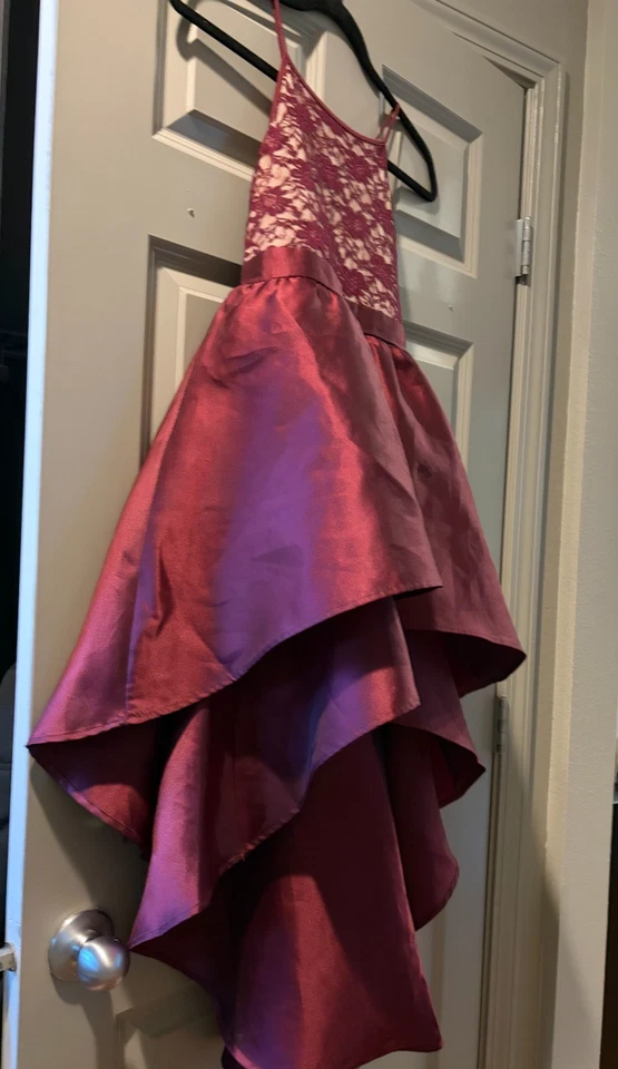 Vestido de fiesta de vacaciones para niñas talla 10 granate encaje tul alto bajo Navidad formal Foto 3 de 4