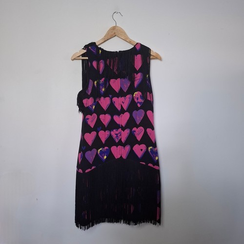 VERSACE H&M Iconic Pink Black Fringe Lovehearts Flapper Mini Dress Size 40 UK L - Picture 2 of 7