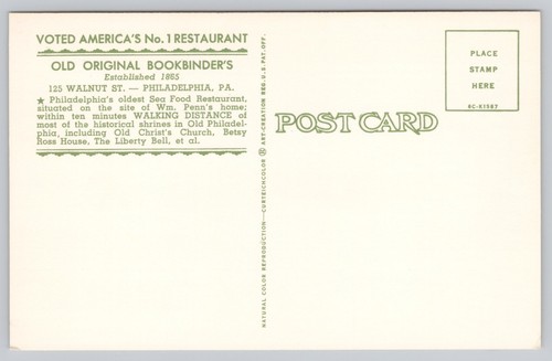 Bookbinder's Historic Restaurant Philadelphia Old City Landmark Chrome Postcard - Picture 2 of 2