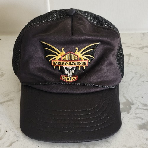 Harley Davidson Black Mesh Trucker Hat Skull Logo Wings Snapback Vintage Style - Bild 1 von 9