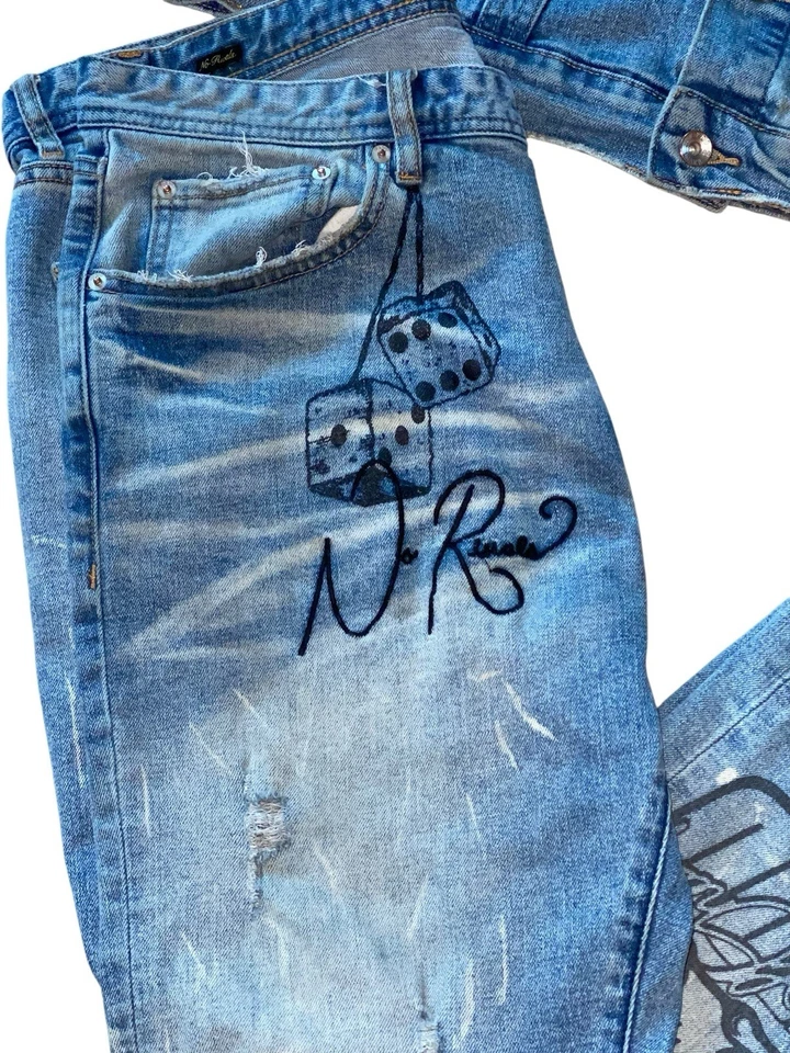 De Colección AKOO Redline Conjunto de 2 Piezas Denim Chaqueta y Pantalones de Jean con Botones Talla M Top 36X32 Foto 2 de 4