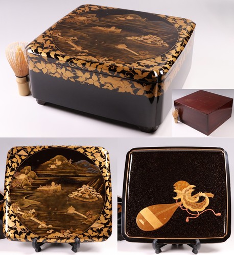Japanese Lacquer Sweets Box 10inch Gold Pavilion Landscape&Instruments Meiji Era - Picture 1 of 24