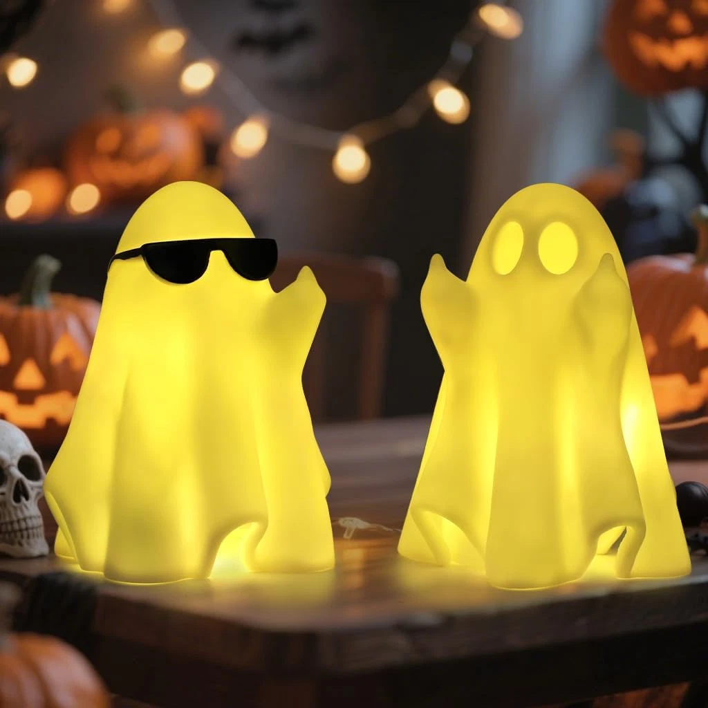 Halloween Decorations Indoor, Set 2 Light-Up Cute Middle Finger Ghost Figurines