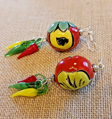Talavera Clay Beads & Glass Chili Pepper Bold & Bright Frida Earrings! UNIQUE - Picture 5 of 7