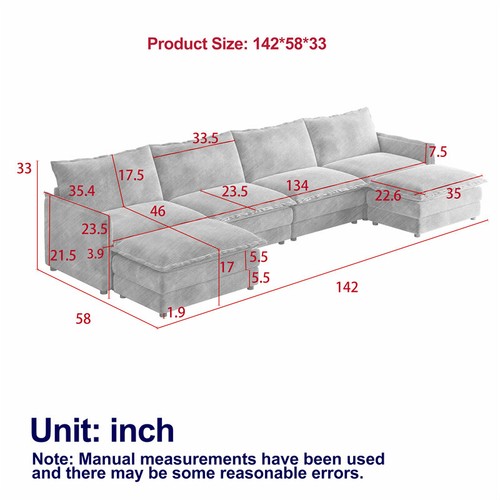 142"Oversized U-Shaped Sectional Comfy Corduroy Upholstered Couch Sofa w/Ottoman - Picture 2 of 12