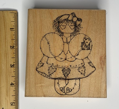 Rag Doll Primitive Style Hearts Country Wood Stamp Miss February DOTS S156 - Picture 1 of 10