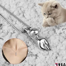 Women 18" Chain 925 Sterling Silver Cute Cat Kitty Pendant Necklace Gift Charm