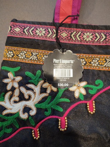 Pier 1 Pink/Black Canvas Tote Shoppers Bag Beaded Elephant Rich Pink Color - Picture 5 of 9
