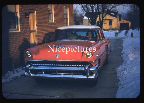 1955 Mercury Monclair and woman behind wheel 1950s Red Border Kodachrome slide