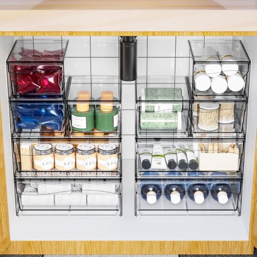 4 Pack Clear Stackable Storage Drawers,12"W Large Bathroom Makeup Organizer - Picture 7 of 9