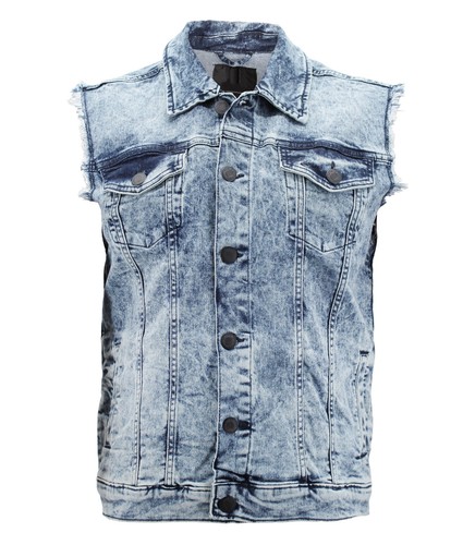 Men's Denim Distressed Button Up Trucker Classic Light Blue Indigo Jean Vest - Picture 2 of 4