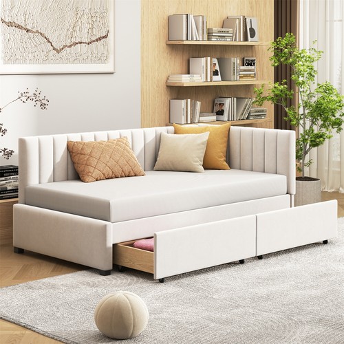 Schlafsofa 90x200, Polsterbett mit Bettkasten Multifunktionsbett Samtstoff Beige - Bild 1 von 10