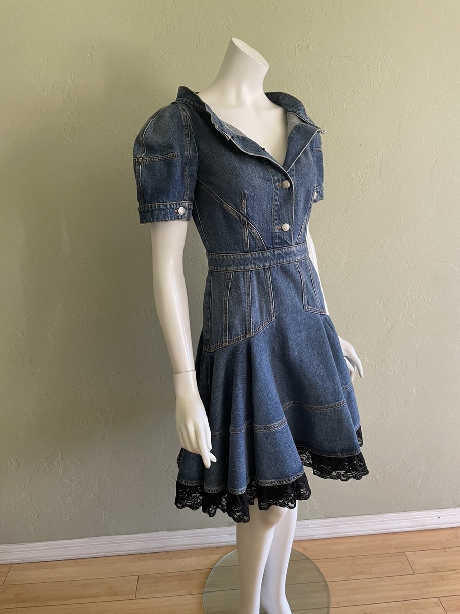 Alexander McQueen Open Neck Puff Sleeve Denim Dress Size 40