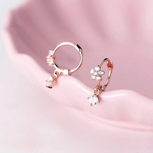 Pendientes de aro pequeño de plata esterlina 925 encantadora flor CZ A1424-B - Imagen 5 de 9