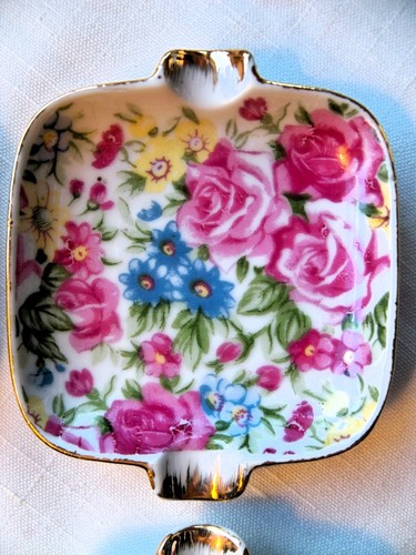 ARNART 5th AVE ROYAL CHINTZ FLORAL INDIVIDUAL ASHTRAY SET of 4 with HOLDER #1563 - Picture 4 of 10