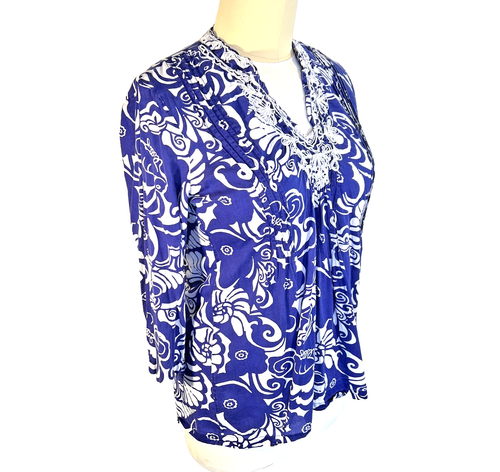 Lilly Pulitzer Tunic XL 3/4 Sleeve Blue White Beaded Neck Island Print Cotton - Picture 4 of 18