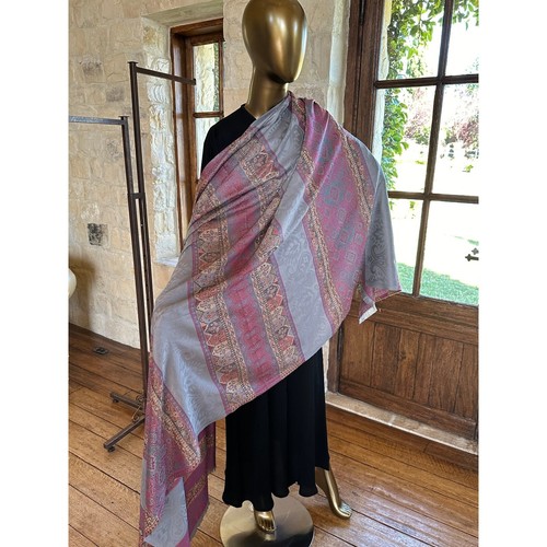 Large Grey pink Kashmiri Jacquard Design Pashmina Wool Shawl Wrap Muslim Hijab - Picture 9 of 10