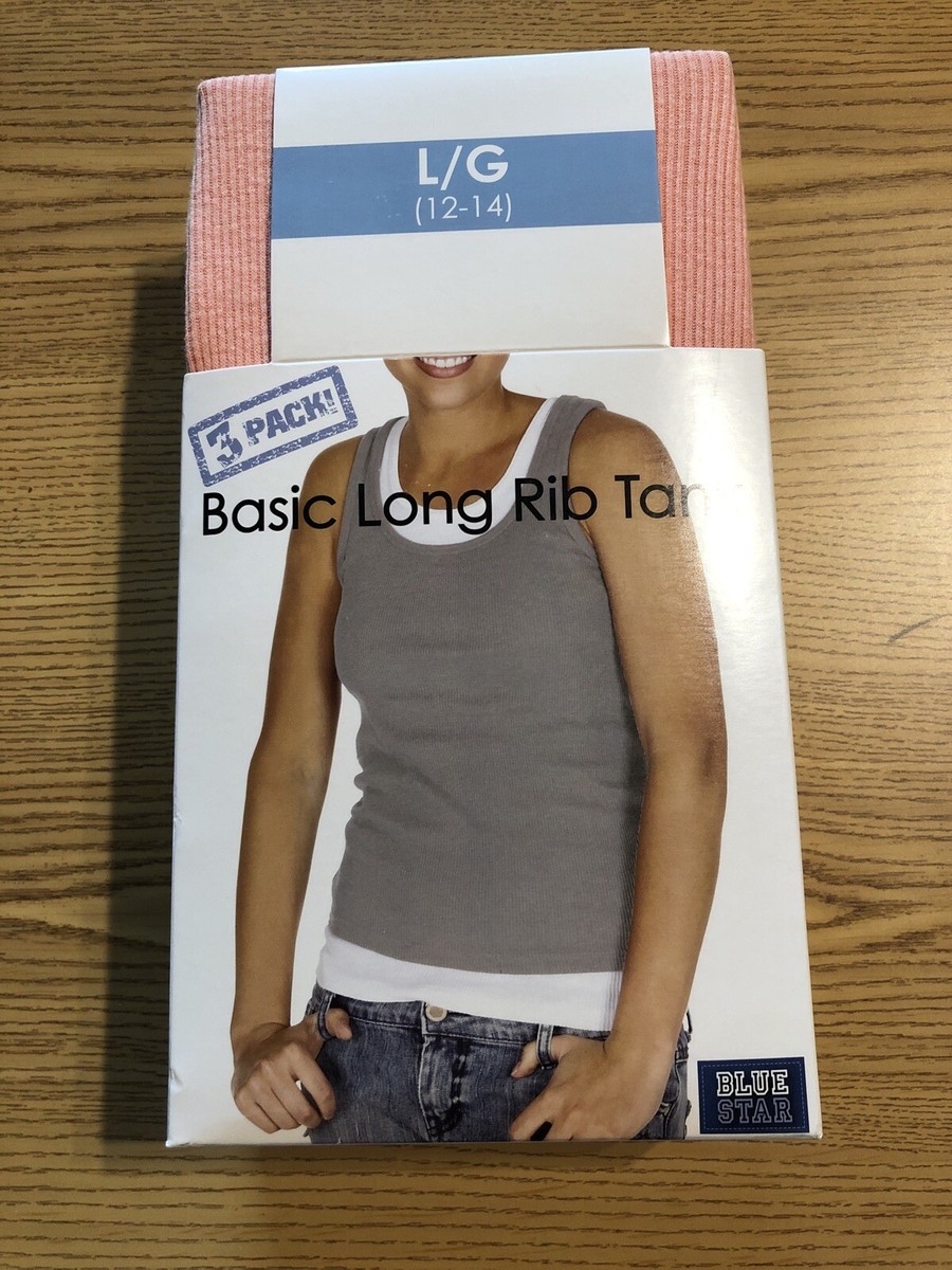 Blue Star Womens 3 Pk Long Rib Tank Large 12-14 White-Tan