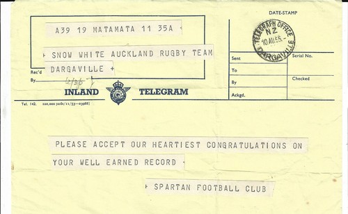 NEW ZEALAND ALL BLACKS RUGBY 1955 'FINE RECORD' TELEGRAM to HL 'SNOW' WHITE