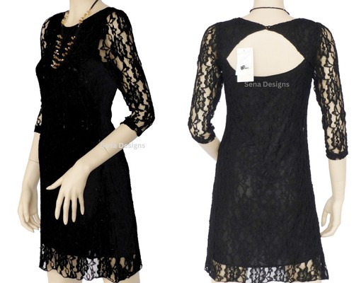 Abito Mini Da Festa Top In Pizzo Nero Con Perline E Paillettes A Maniche 3/4 - Foto 2 di 2