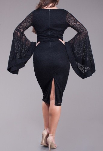 Plus Size Floral Crochet Lace Wide Bell Sleeve Bodycon Dress - Picture 10 of 19
