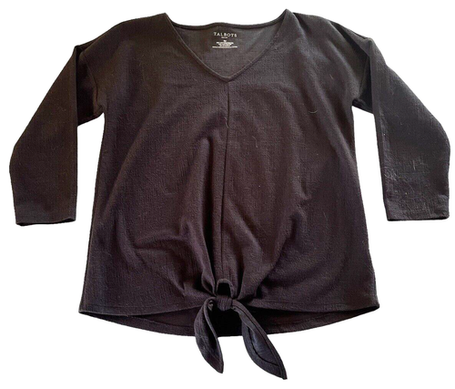 Talbots Top Womens Small Petite Black V-Neck 3/4 Sleeves Tie Knot Front Stretch