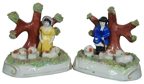 2 Antique Dudson English Staffordshire Pearlware Bocage Shepherd Figures 5" - Picture 1 of 12