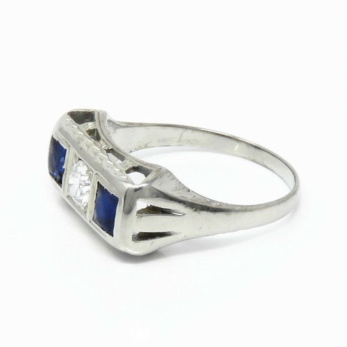 NYJEWEL Vintage Art Deco 18k White Gold Sapphire Diamond Ring Signed Belais - Picture 3 of 6