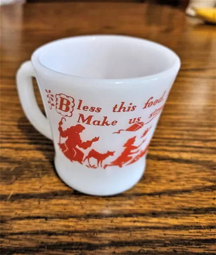 Vintage Fire King Prayer Mug Bless This Food Red Silhouette Milk Glass Mug