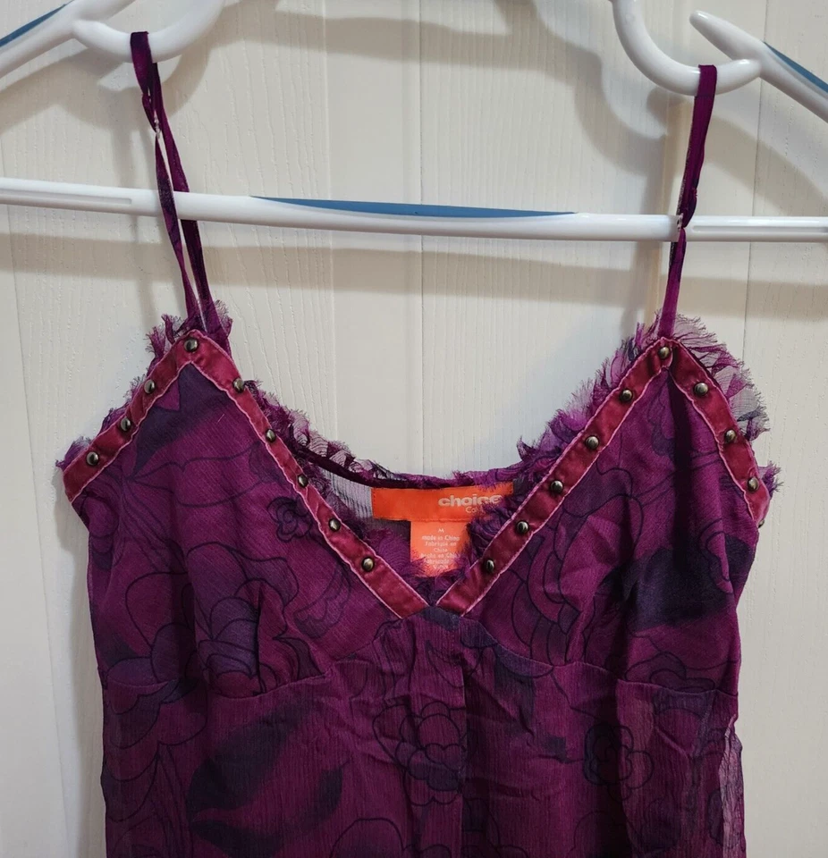 Blusa transparente fluida sin mangas Choice Calvin Klein púrpura floral 100 % seda talla M Foto 2 de 4