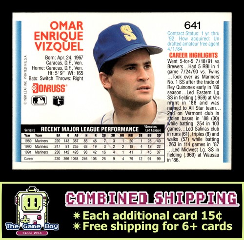 1992 Donruss #641 Omar Vizquel Seattle Mariners - Picture 2 of 2